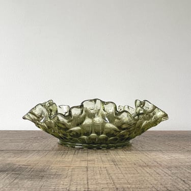 Vintage Fenton Green Colonial Crimped Ruffle Edge Thumbprint Candy Dish 