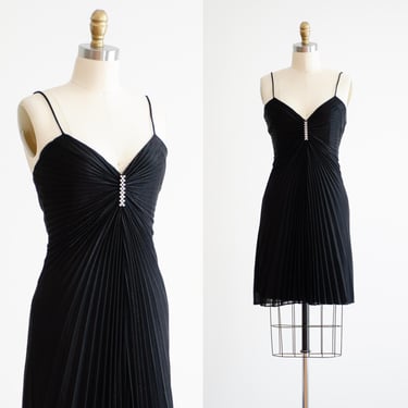 black mini dress 90s y2k vintage shiny silver pleated spaghetti strap dress 