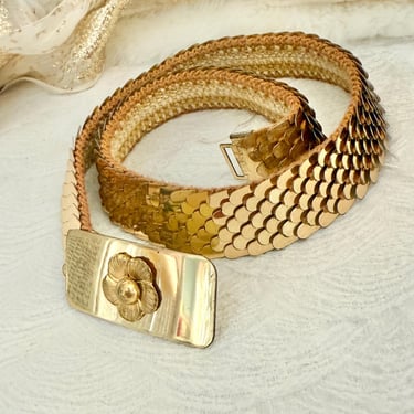 Vintage Statement Belt, Stretch Metal, Flexible, Gold Tone, 70s 80s Fashion 