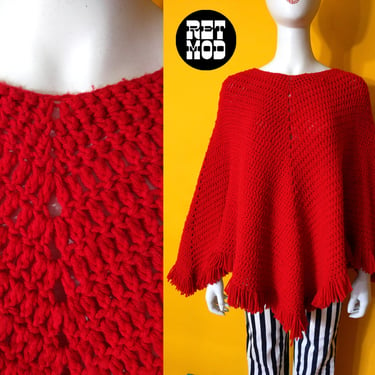 Chunky Vintage 60s 70s Red Crochet Winter Poncho with Fringe 