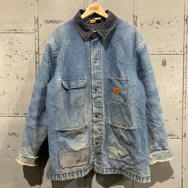 Size 48 70’s big ben Brand  light Wash Denim Lined Work Chore Jean Jacket 1980s 1970s  Western Work Jacket patchwork distressed 