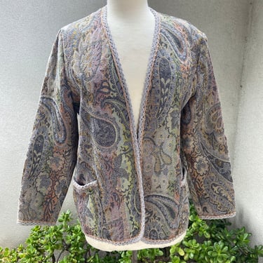 Vintage boho soft color greys paisley print cardigan jacket size 14 by Vera with pockets 