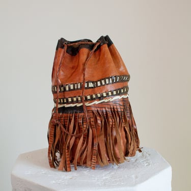 Vintage brown leather handmade fringed bucket bag (1599) 