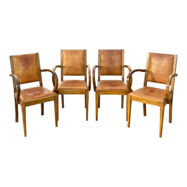 Antique 19th Century Biedermeier Elm and Leather Armchairs - Set of Four 
