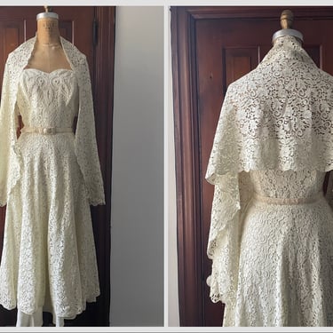 True vintage 1950’s ‘40s tea length cream lace dress with matching shawl, bridal dress, S 