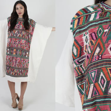 Heavyweight White Mexican Caftan Dress / 70s Ethnic Embroidered Aztec Print Dress / Woven Oversize Resort Wear Sun Beach Midi Kaftan 