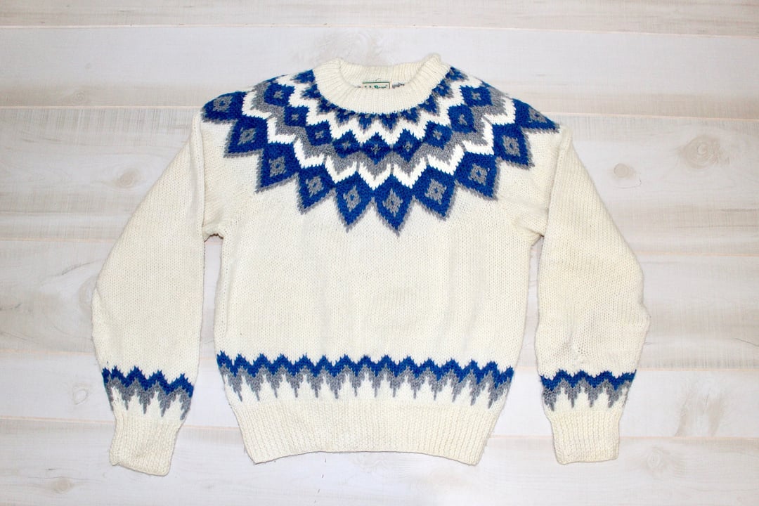 Vintage LL Bean Nordic Blue shops Black White Fair Isle Sweater Cardigan Lambswool S