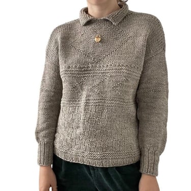 Vintage Womens Hand Knit Beige 100% Wool Chunky Geometric Collared Sweater Sz M 