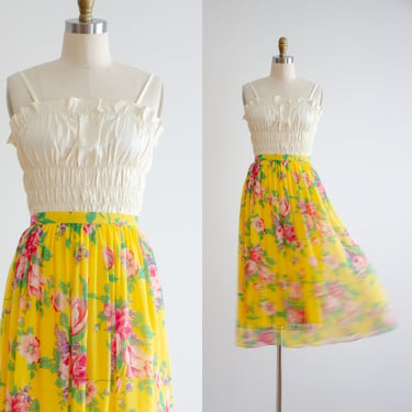 yellow silk skirt 90s vintage Adrienne Vittadini hot pink floral silk chiffon midi skirt 
