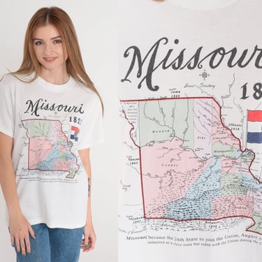 Missouri T-Shirt 90s USA History Shirt MO Graphic Tee Retro Souvenir Tourist TShirt Travel Top Road Trip T Shirt White Vintage 1990s Small S 