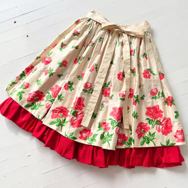 1980s Saint Laurent Rive Gauche Rose Print Satin Ruffled Skirt 