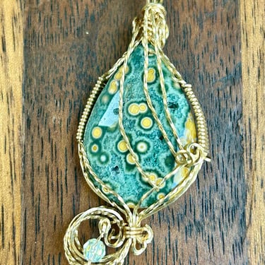 Ocean Jasper Pendant Handmade Wire Wrapped Crystal Pendant Green Yellow 