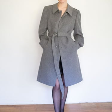 Vintage Pierre Cardin 1980s Gray Minimalist Belted Wool Structured Coat 80s Overcoat Tailored 