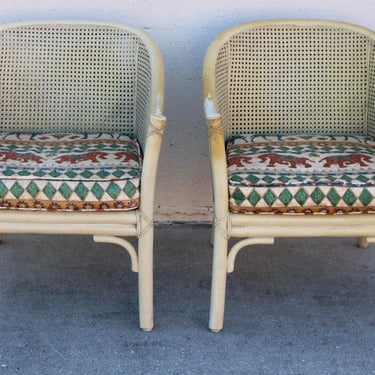 TLC - 2 Authentic Marked McGuire Double Cane Barrel Back Rattan Lounge Arm Chair 