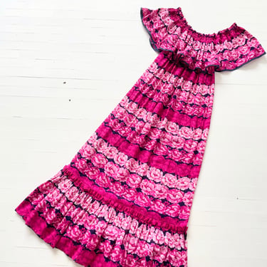 1970s Pink Rose Print Flutter Sleeve Maxi Dress 