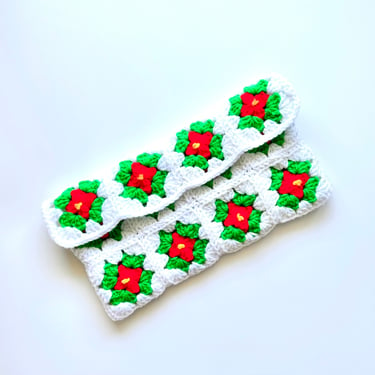 Vintage 60s 70s Granny Square Bag Pouch Crochet White Red Green Holiday Clutch 1970s Knit Handbag 