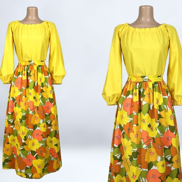 VINTAGE 70s Flower Power Maxi Skirt and Balloon Sleeve Blouse Set | 1970s Handmade Off Shoulder Top Skirt Outfit | Thompson California vfg 