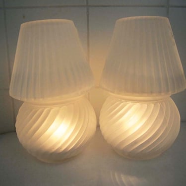 Vintage Murano Glass Lamp Votive Candle Holder Set 2 - 80s White Swirl Miniature Mushroom Lamp Candle Holders - Housewarming Gift 