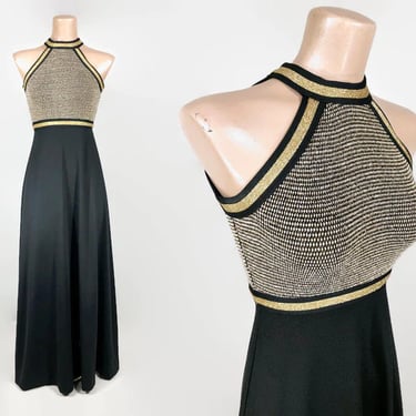 VINTAGE 70s Gold Metallic Lurex Knit Maxi Dress | 1970s Egyptian Revival Gown | Mockneck Runway Length Dress | Size 2/4 XS vfg 