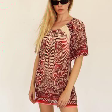 Vintage Jean Paul Gaultier Spring Summer 1996 CYBERBABA Tribal Tattoo Mesh Dress Maori Print Size Sz LM JPG 90s 1990s Purple Pink 