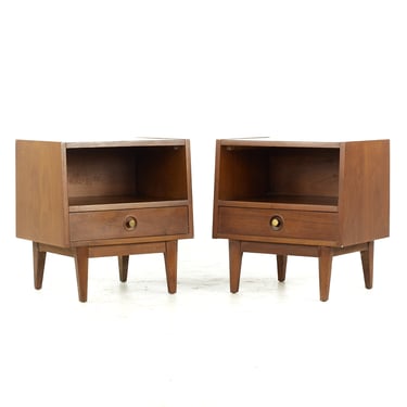 Albert Parvin for American of Martinsville Mid Century Walnut and Brass Nightstands - Pair - mcm 