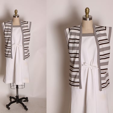 1970s White and Brown Striped Sleeveless Dress with Matching Open Front Jacket Outfit by Strait Lane 