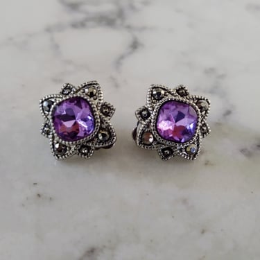 Vintage Purple Rhinestone Clip-On Earrings Art Deco Style Trifari Crown Style 