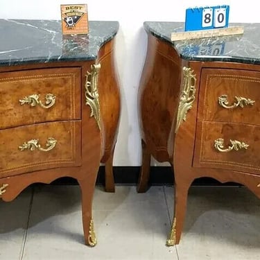 Chests, Bombes (2) French, Inlaid Burl, Walnut, 2-Drawer, Marble Top, Ormolu Mts