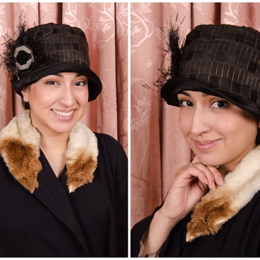 1920s Cloche- Striking 20s Woven Silk Cloche with Metallic Gold Plaid and Spray of Peacock Feathers on Deco Buckle 