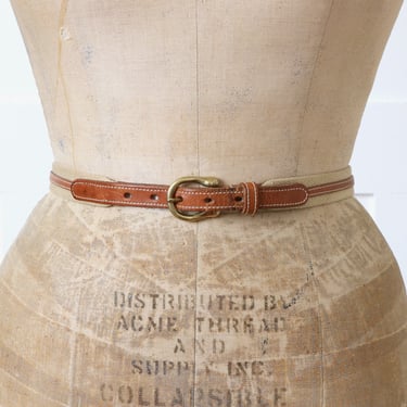 vintage 1980s brown leather & cotton canvas skinny belt • brass hardware casual womens belt 
