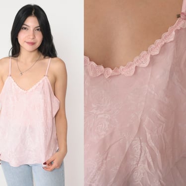 90s Cami Top Baby Pink Floral Camisole Lingerie Tank Heart Trim Rosette Spaghetti Strap Sleep Shirt Embossed Pastel Vintage 1990s Large L 