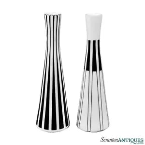 Mid-Century Atomic Tapered Art Glass Black & White Bud Vases - A Pair