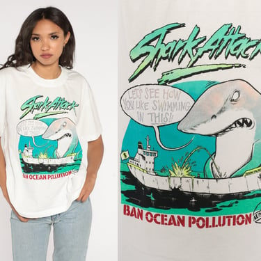 Ban Ocean Pollution Shirt 90s Shark Attack Funny Marine Conservation TShirt Graphic Tee Environmentalist White Vintage 1990s Medium M 