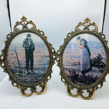 Vintage Convex Oval Picture The Angelus Jean-Francois Millet Farmer and Wife, Set of 2 Pictures, Brass Tone Ornate Frames 