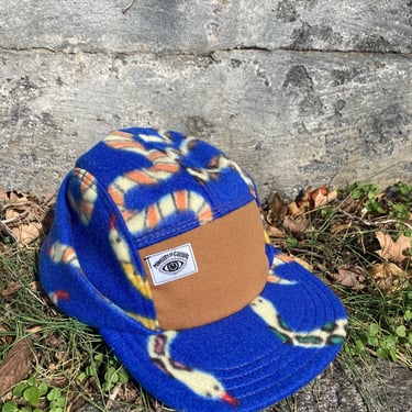 Handmade 5 Panel Camp Hat, Blue Snake Print Fleece Baseball Cap with Earflap, five panel, Snap Back, 5panel hat, gift for him, winter hat 
