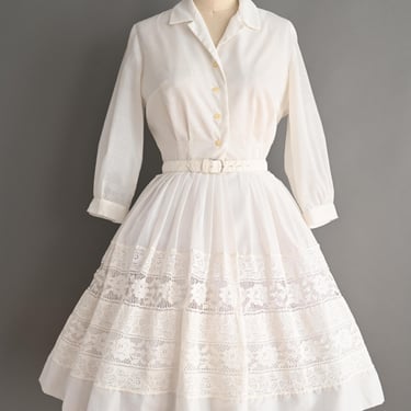 vintage 1950s Dress | Classic White Cotton Long Sleeve Shirtwaist Dress | Small 