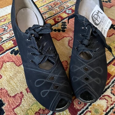Vintage 1930s 40s Black Suede Lace-up Oxford Shoes - Size 7 A 