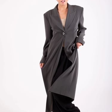 Vintage 1990s Longline Gray Single Button Blazer sz S M Trench Minimal Coat Dress 90s Structured Shoulder 