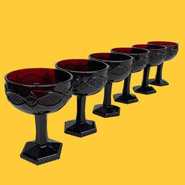 Vintage Champagne Glasses Retro 1970s Bohemian + Avon + Cape Cod Ruby + Red Glass + Set of 6 + Tall Sherbet + Barware + MCM Cocktail Glass 
