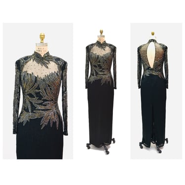 90s Vintage Black Beaded Evening Gown Dress Small Medium// 90s Black Metallic beaded Pageant gown Dress long sleeves Lillie Rubin Medium 