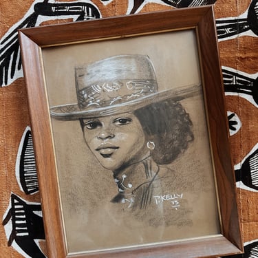 Vintage Framed Charcoal Portrait by P. Kelly (1973)