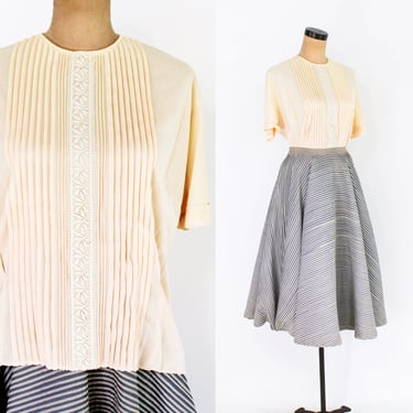 1950s Creme Nylon Blouse | 50s Creme Pleated Blouse | 1950s Gray Swing Skirt | Gray Pleated Circle Skirt | Made in Italy | XS 