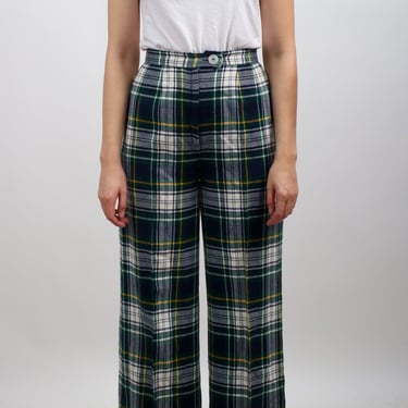 1970s Plaid Blue Green and White Highwaisted Wool Bellbottoms