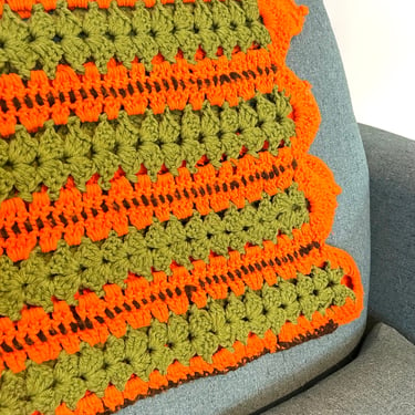 Vintage 70s Granny Crochet Afghan, Crocheted Throw Blanket, Orange, Avocado Green, Brown 