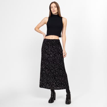 Med-1X 90s Black Slinky Metallic Floral Maxi Skirt | Vintage Grunge Sparkle Ankle Length Skirt 