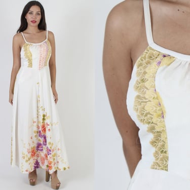 Waltah Clarkes Tropical Hawaiian Luau Dress, Vintage 70s Designer Resort Gown, Spaghetti Strap Summer Beach Sundress 