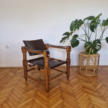 1 of 2 Mid Century Brown Leather Armchair / African Armchair / Vintage Wooden Brown Armchair / Lounge Chair / Made in Africa / 1970s 