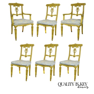 6 Yellow Painted French Regency Louis XVI Style Carved Dining Room Chairs