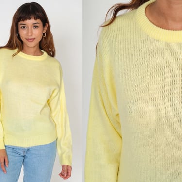 Yellow Sweater 80s Pullover Knit Sweater Crew Neck Slouchy Plain Basic Pastel Knitwear Crewneck Jumper Minimal Acrylic Vintage 1980s Small S 