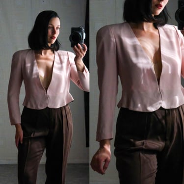 Vintage 80s SONIA RYKIEL Light Pink & Black Lettuce Peplum Cropped Power Shoulder Bolero | Made in France | 1980s French Designer Jacket 